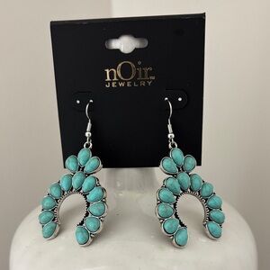 Noir Squash Blossom Faux Turquoise stone,la,silvertone border,fish hook, drop